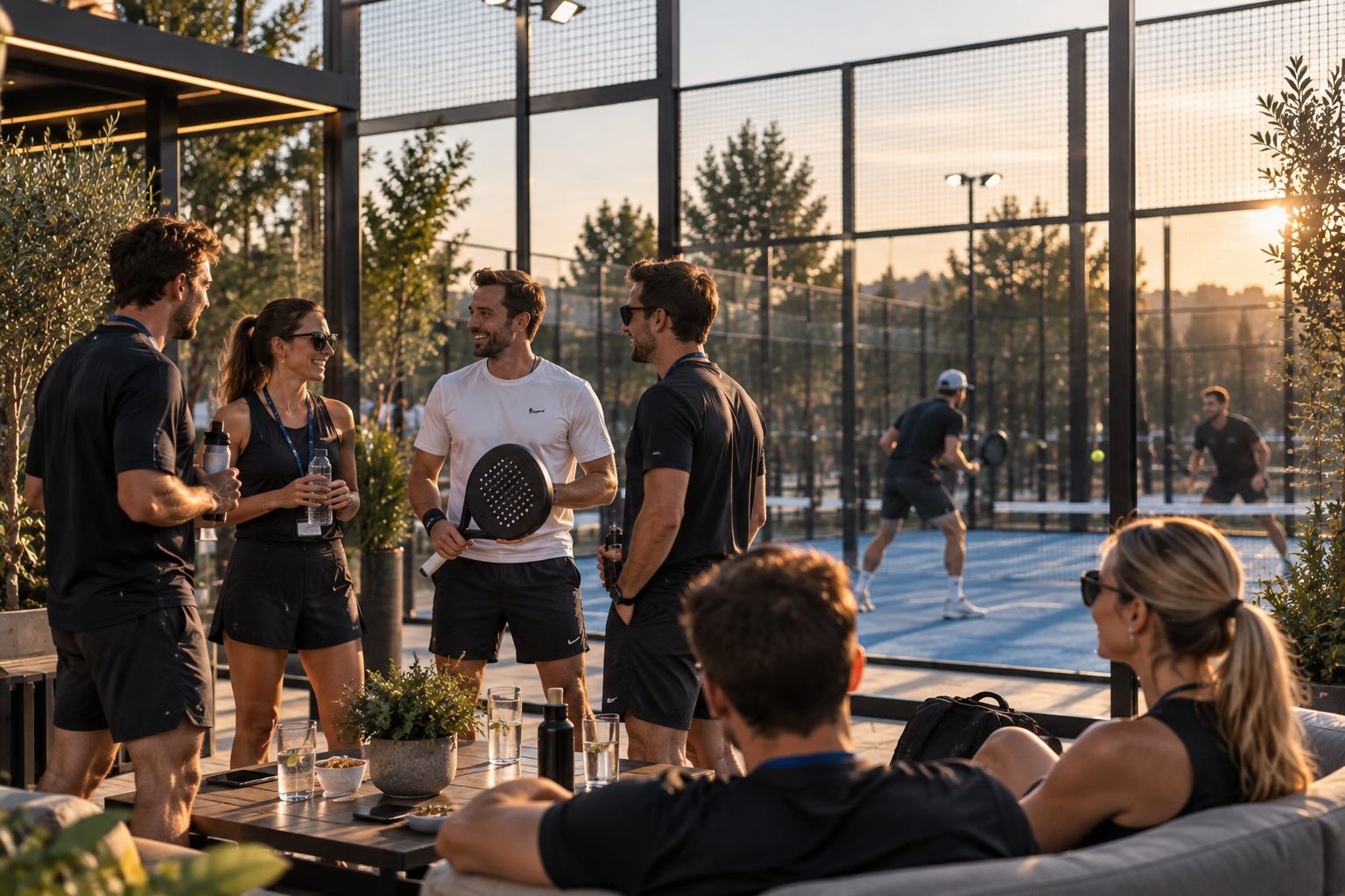 Gäste im Gespräch am Rand des Padel-Courts bei Abendlicht